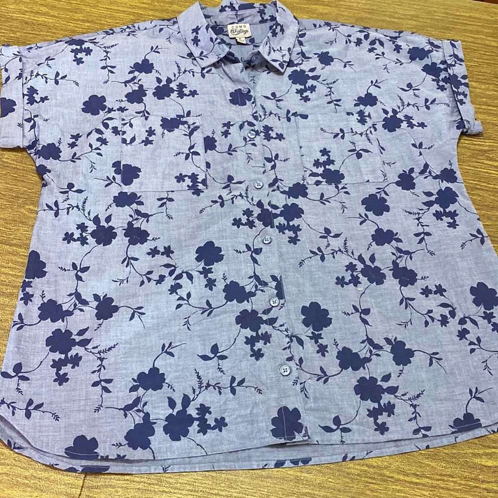 Como Vintage Blue on Blue Floral Pattern Short Sleeve Button Shirt XL